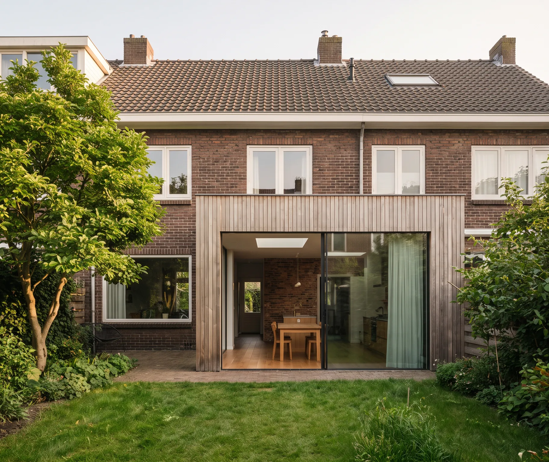 Notenhouten planken met boeken, kandelaars en een laptop