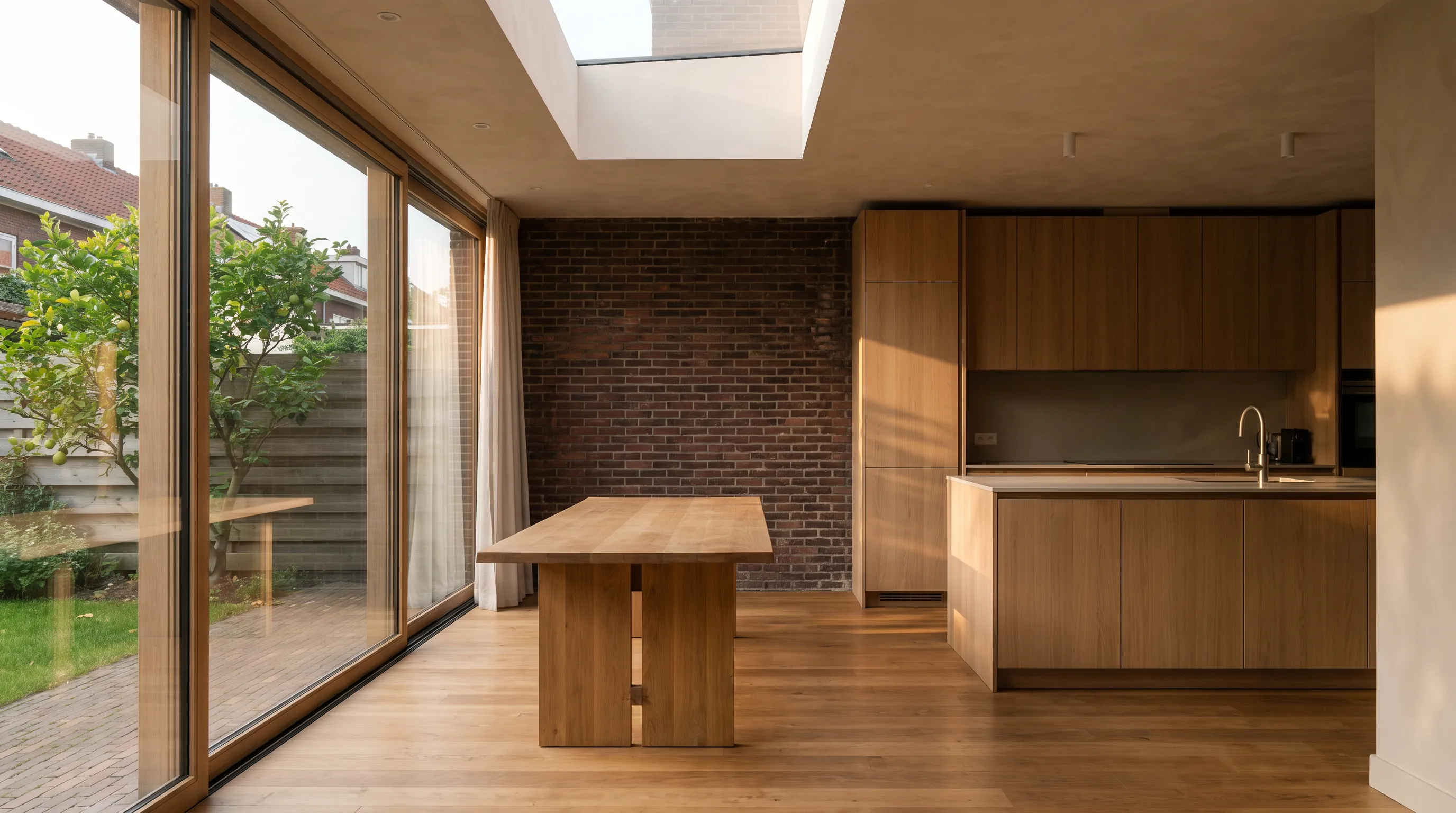 Bureau in een nis met wandlamp en een lichte houten vloer